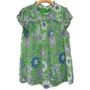 Joie Women’s L Green Pleat Femme Floral Cap Sleeve Ruffle Crew Neck Blouse Top